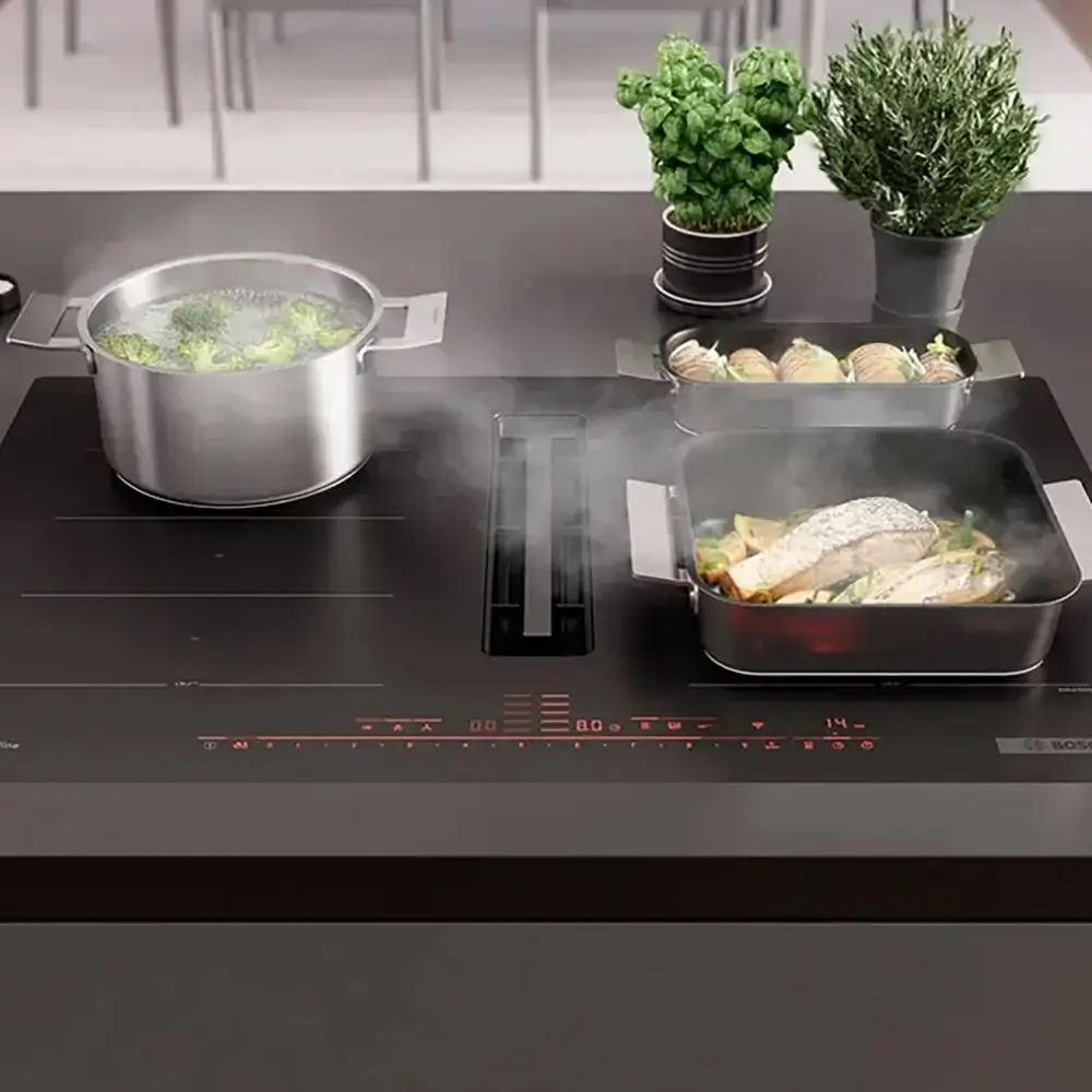 bora kochfeld pxx89bd56e mit perfectair sensor am dampfen und essen kochen
